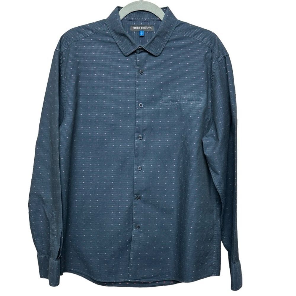 Vince Camuto Long Sleeve Navy With Pink Dots Men's Button Down Shirt Size L